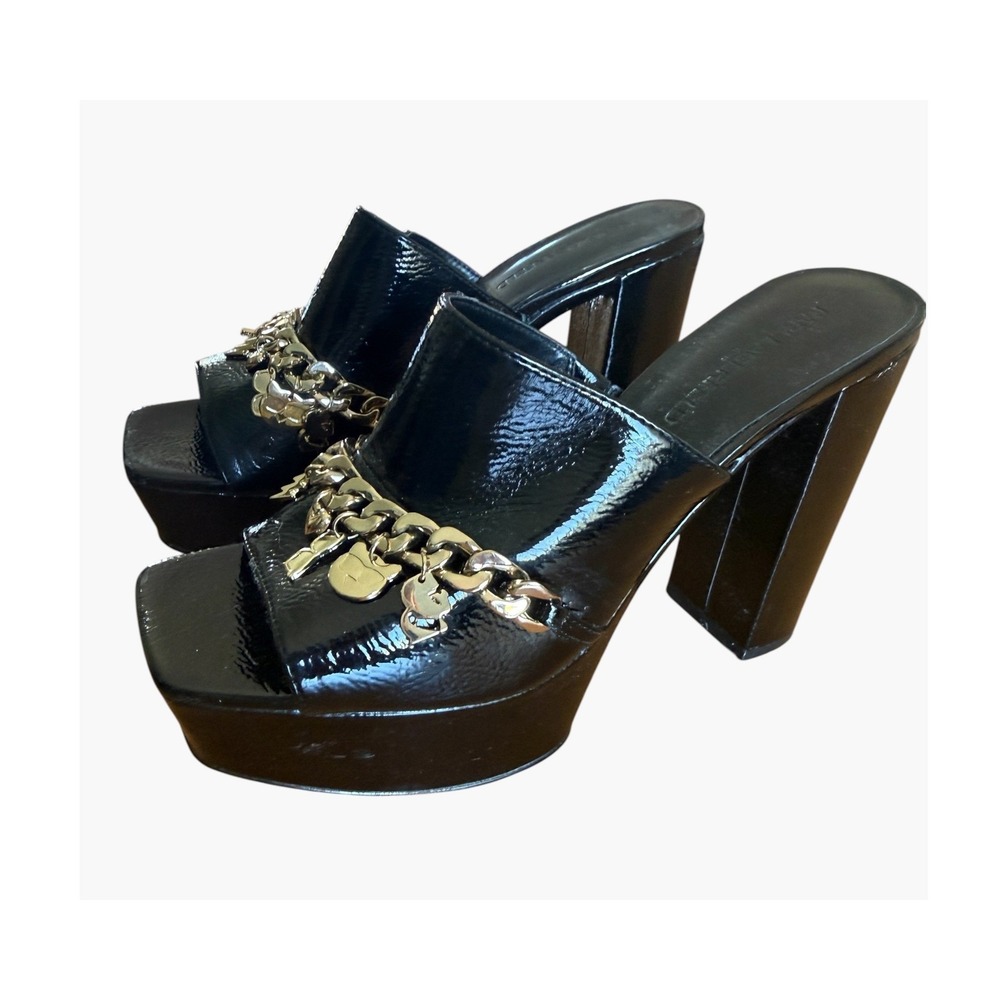 Karl Lagerfeld Paris Haisley Black Patent Platform Mule Charm Chain Heels 7.5M